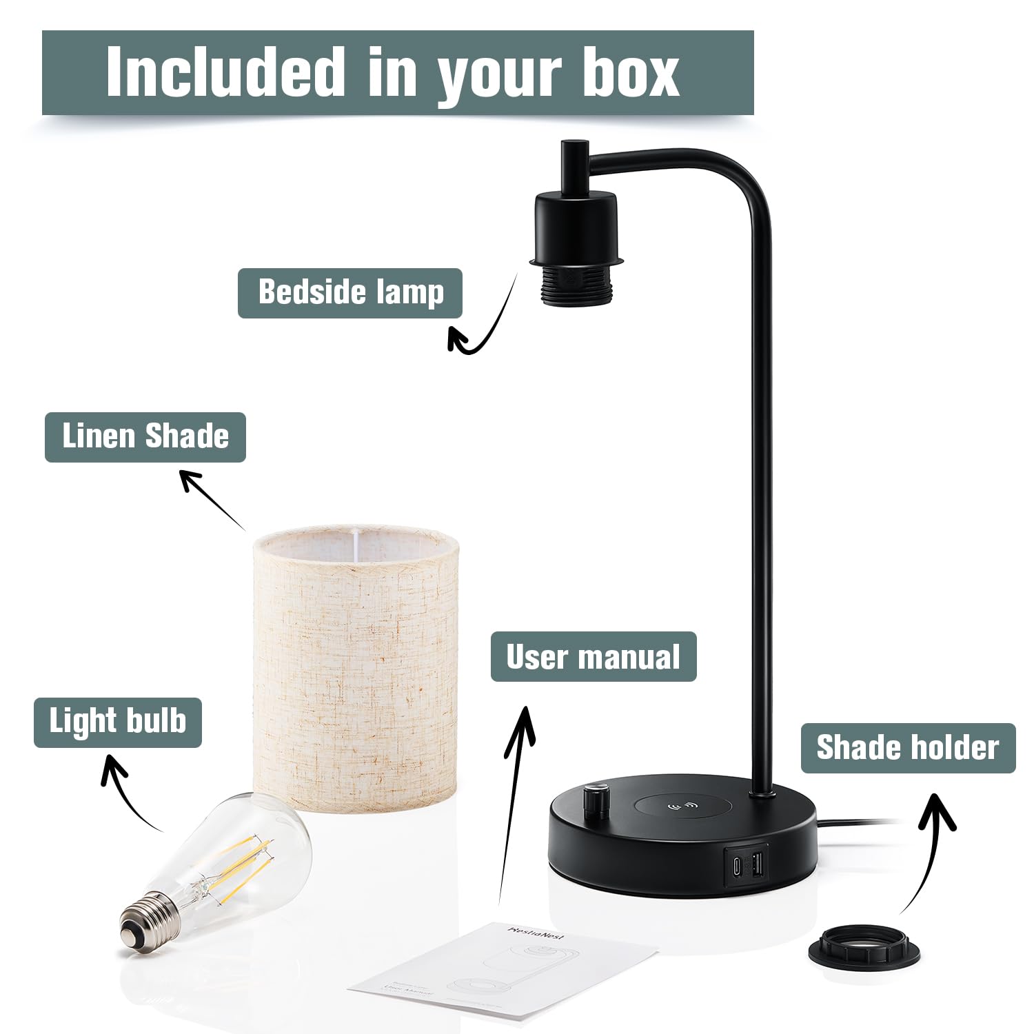 Lampka nocna LED z ładowarką indukcyjną i portami ładowania USB-C+A, ściemniana, lampka nocna LED do sypialni z ściemniaczem, idealna na stolik nocny, lniany klosz, bezprzewodowa ładowarka