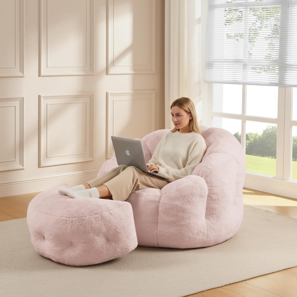 Pink Flower Bean Bag Chair with Ottoman, Fuax Fur Comfy Reading Chair for Bedroom, Fluffy Plush Floor Lazy Sofa for Living Room, Reading Nook - Image 8