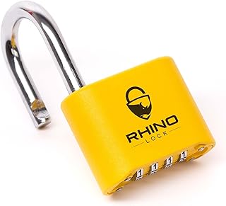 Rhino Lock Secure Lock - Yellow 4 Digit Combination Padlock for Gym Locker, School & Work Lockers; Coded and Suitable for Outdoor Use with Fences, Hasps, Sheds & Toolboxes (UK Brand)