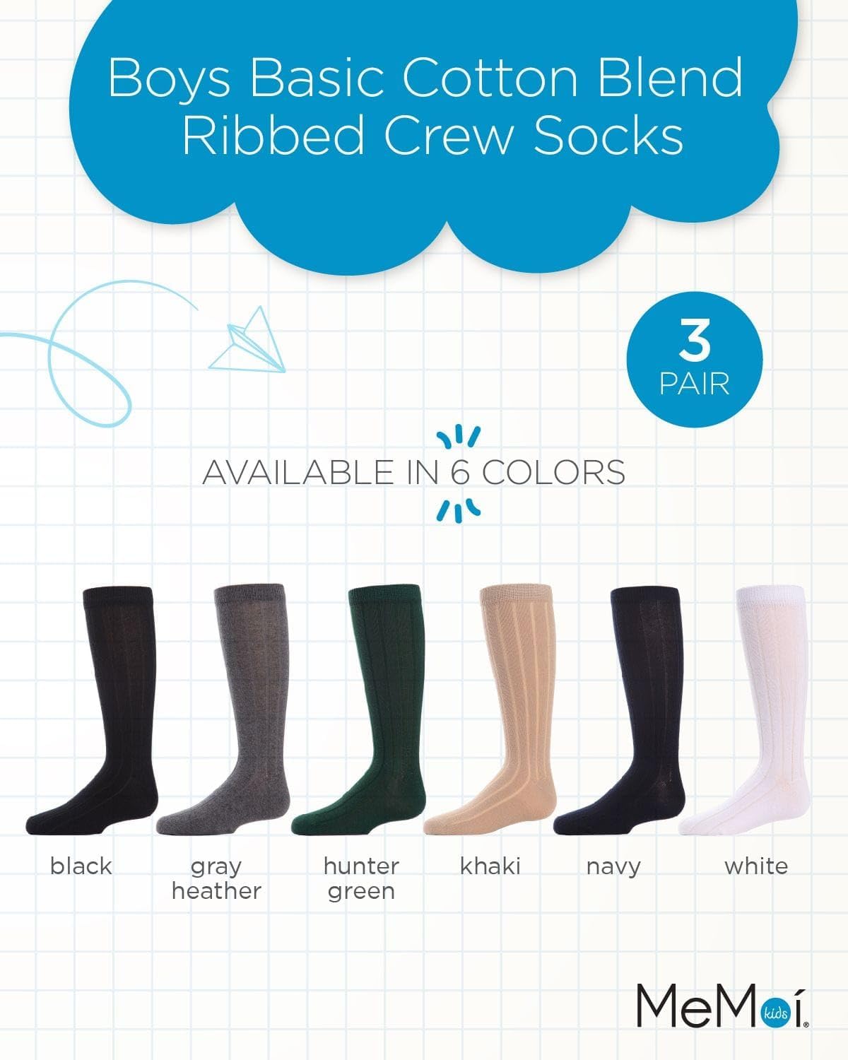 MeMoi 3 Pack Ribbed Boys Crew Socks, Cotton Blend Boys Dress Socks, Comfortable Crew Height Design - Sizes 6-14 image 3