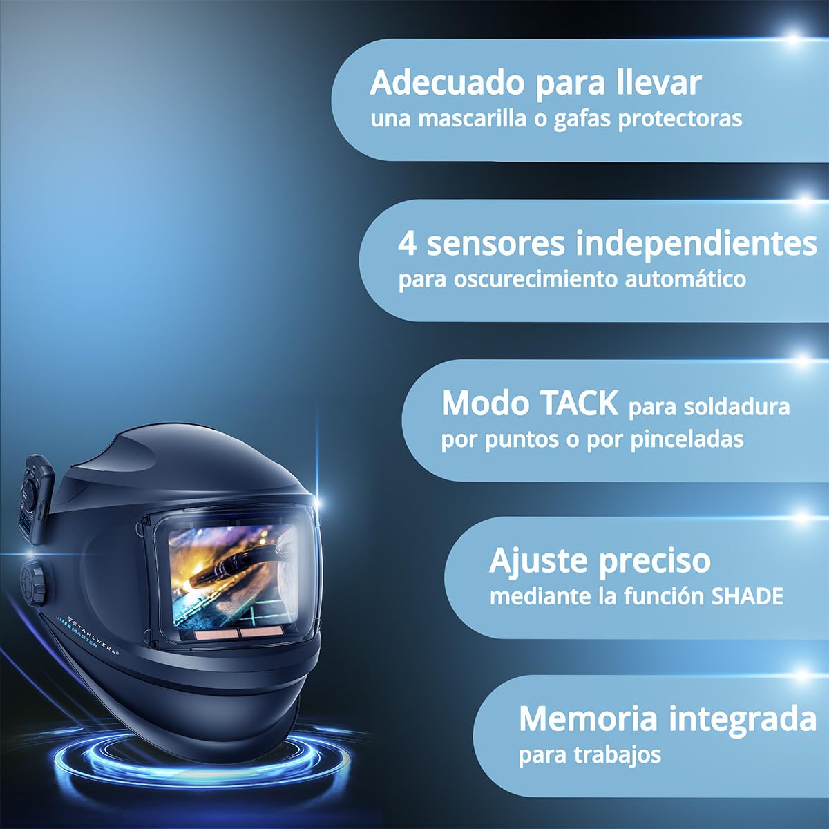 STAHLWERK Master Air - Casco de soldadura automático 3 en 1 con entrada de aire fresco, control de función por Bluetooth, reproducción de color verdadero, oscurecimiento DIN 4 a DIN 14, clase óptica 1