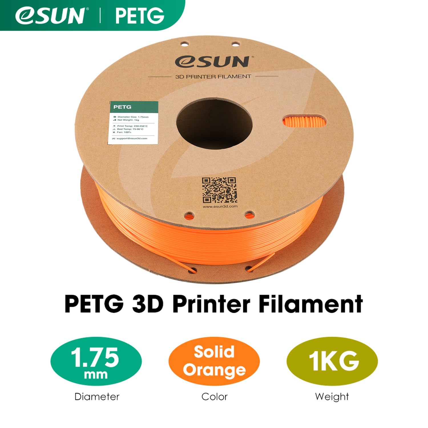 eSUN Filamento PETG 1.75mm, Filamento per Stampante 3D PETG, Precisione Dimensionale +/- 0.05mm, Bobina da 1kg (2.2 libbre) Filamento per Stampa 3D per Stampanti 3D, Arancione Solido