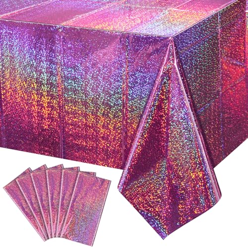 FunnyPars 6 Pack Pink Iridescent Table Cloth for Parties, Pink Plastic Shiny Laser Table Covers, Disposable Holographic Foil Tablecloth Iridescent Party Decorations for Girl Birthday Wedding, 54x108
