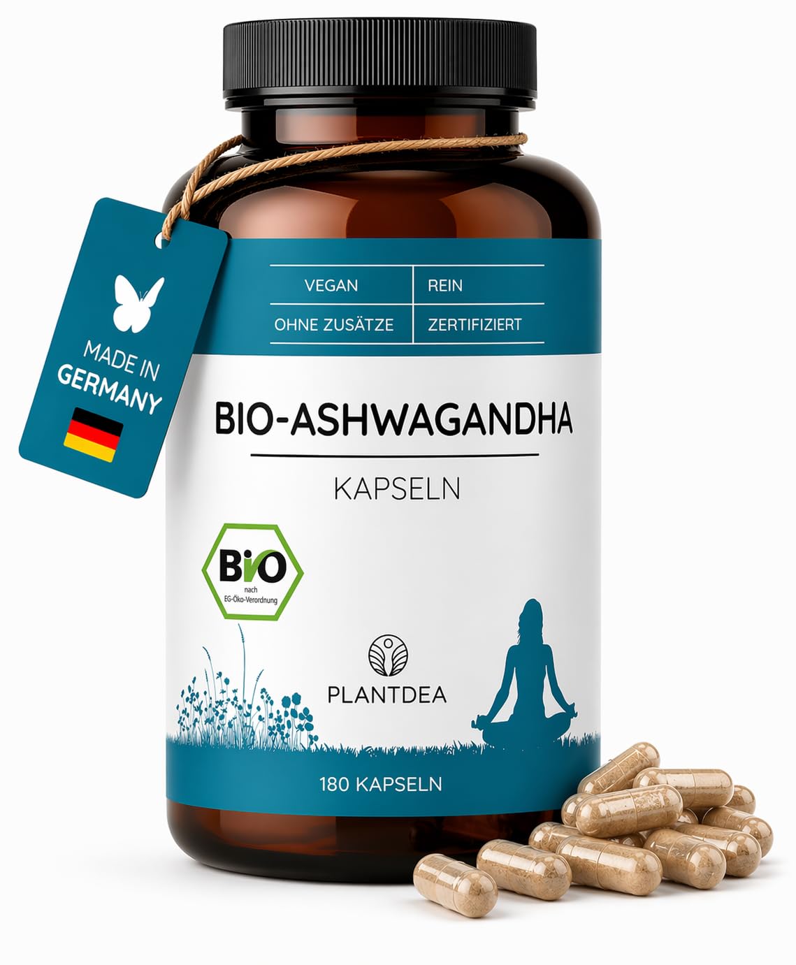 Bio Ashwagandha Kapseln - 3000mg Ashwagandha-Pulver in nur 6 Kapseln täglich - 180 vegane Kapseln - vegan - Bio zertifiziert - Glutenfrei - PlantDEA