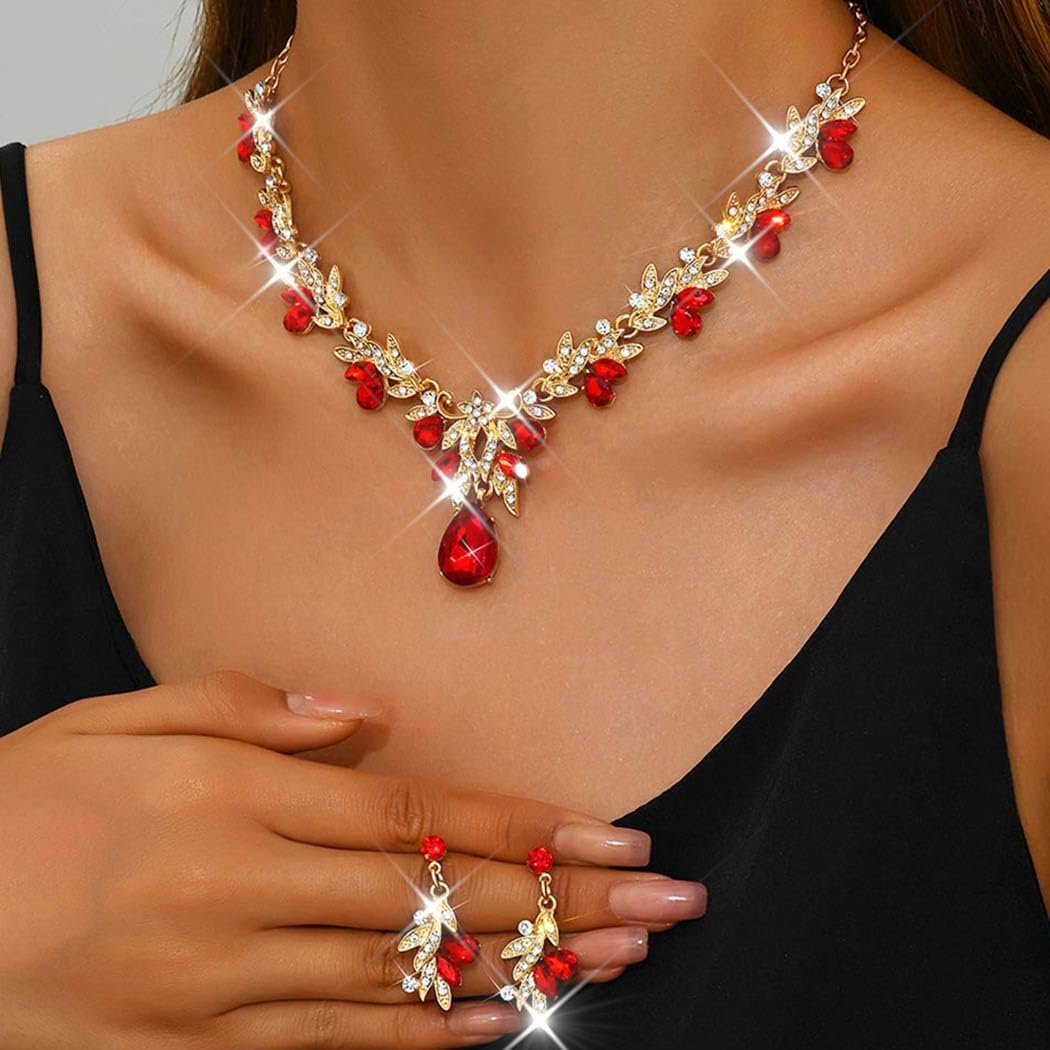 Unicra Rhinestone Bridal Wedding Jewelry Sets Gold Necklace Earrings Set Leaf Prom Formal Costume Jewelry Set for Women and Brides - Image 4