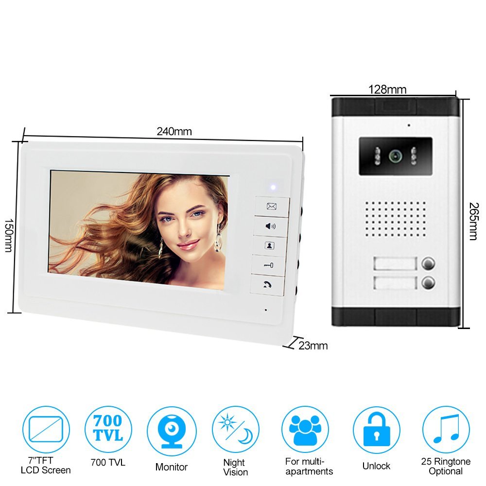 7 '' de intercomunicación Video Portero Puerta Sistema Kit 700TVL IR Visión Nocturna Exterior cámara para 2 Apartamentos