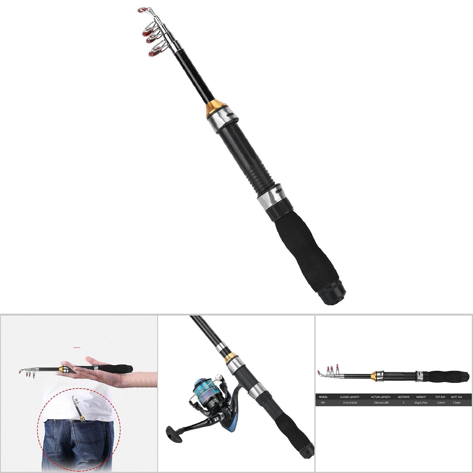 Teleskopowa Wędka Przenośna Mini Kieszonkowa Pen Rod Ice Fishing Sea Fishing Tools 28049-100, Chowana dla Początkujących i Wędkarzy (1,2 M)(1M)