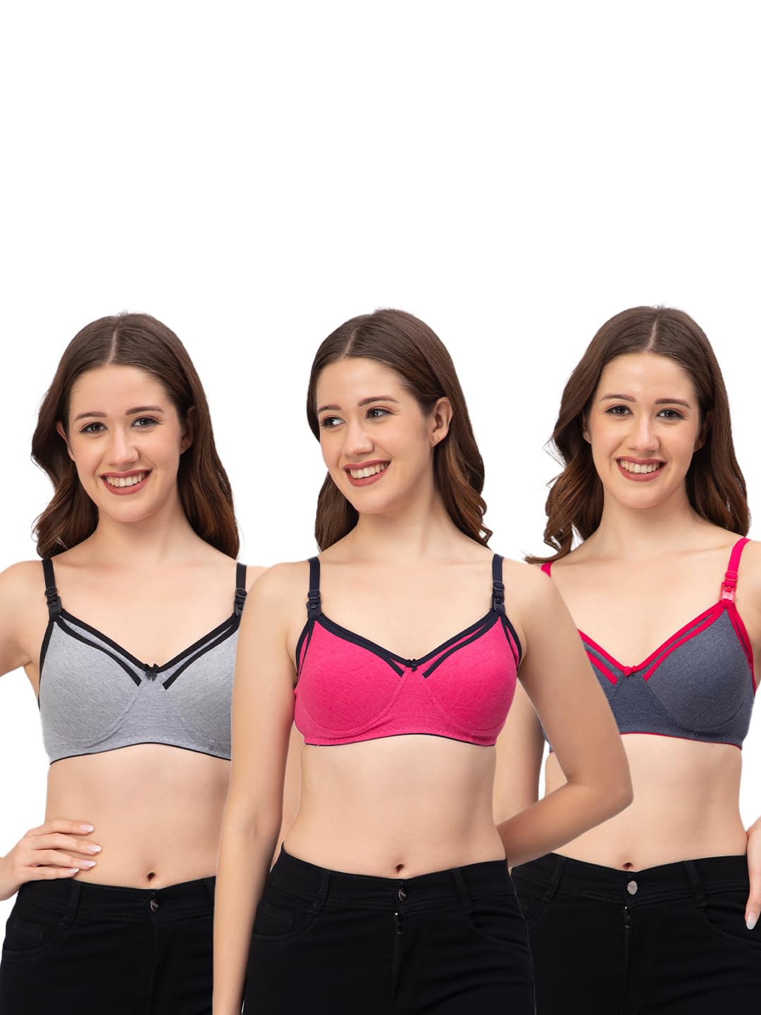 CEE 18 Cotton Padded and Non-Wired Maternity Nursing Feeding Bra for Women | Post Pregnancy Comfortable Breast Feeding Bra for Mom | Cup Size: B (36C_Pack of 3) Assorted