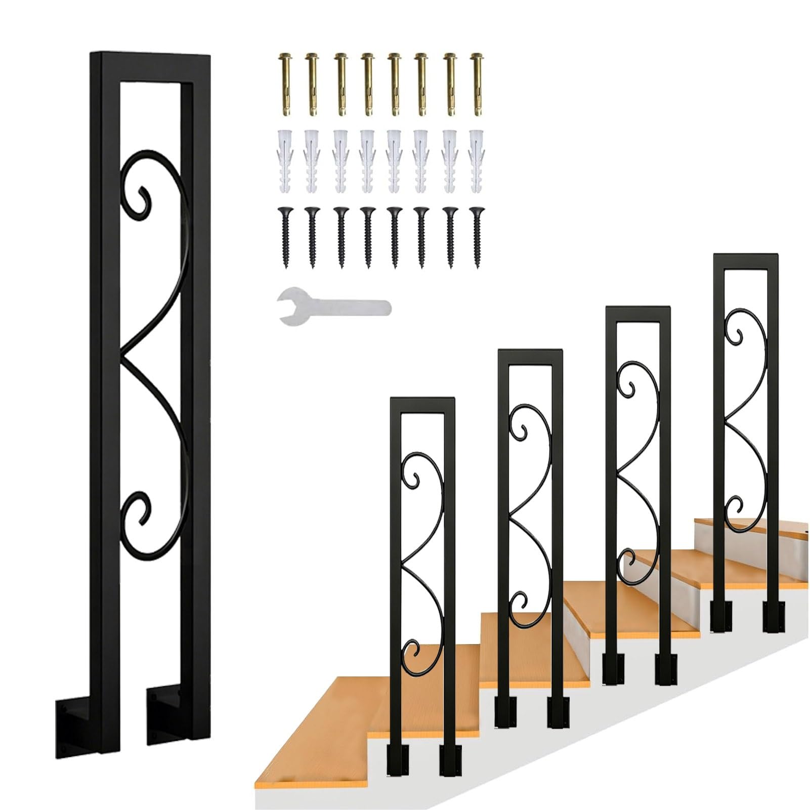 U-Shaped Stair Handrail Outdoor Front Porch Stair Railing Handrail Picket Fits 1 Steps, Wrought Iron Hand Railing for Loft Villa Corridor, Non-Slip Guardrail(100cm/39in)