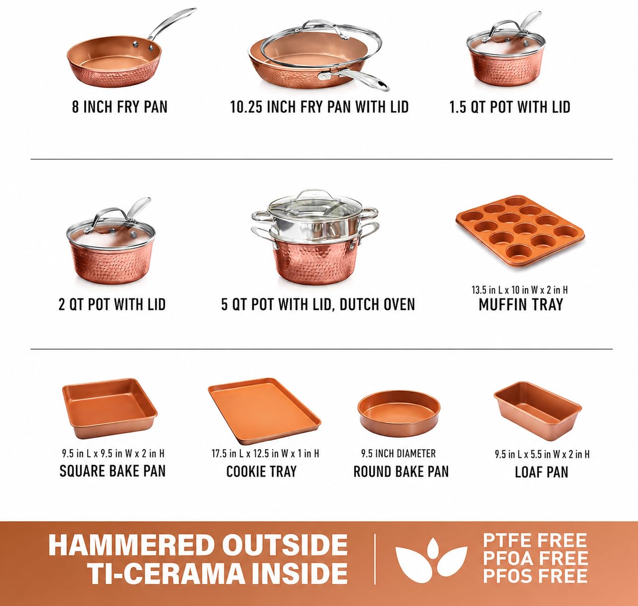GOTHAM STEEL HAMMERED 15 Pc Titanium Ceramic Cookware Set, Copper — Amazon image 2