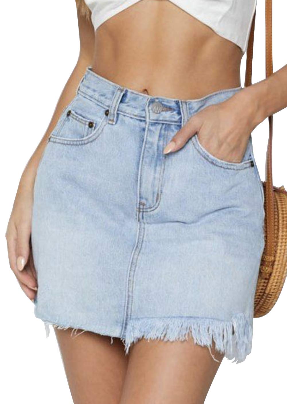 Cantonwalker Jean Skirt Women's High Waisted Fringed Slim Fit Elastic Bodycon Mini Denim Skirt