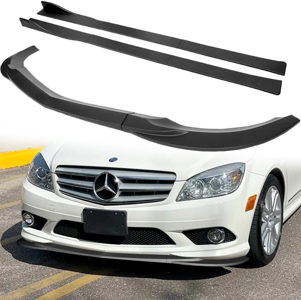 Q1-TECH, 9PCS Front Bumper Lip & Side Skirt Extensions Diffuser Compatible with 2008-2011 Mercedes-Benz C300 / C350 Sedan W204, Front Bumper Lip Spoiler Air Chin Body Splitter ABS (Matt Black)