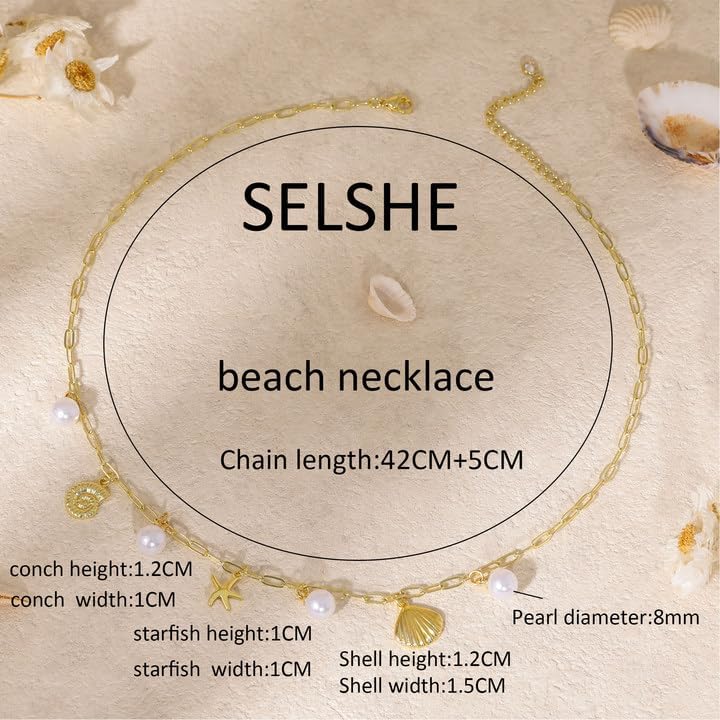 SELSHE Charm Necklace for Women,Dainty 14K Gold Plated Starfish Seashell Necklace Simple Gold Beach Necklaces for Women Trendy Beach Jewelry - Image 3