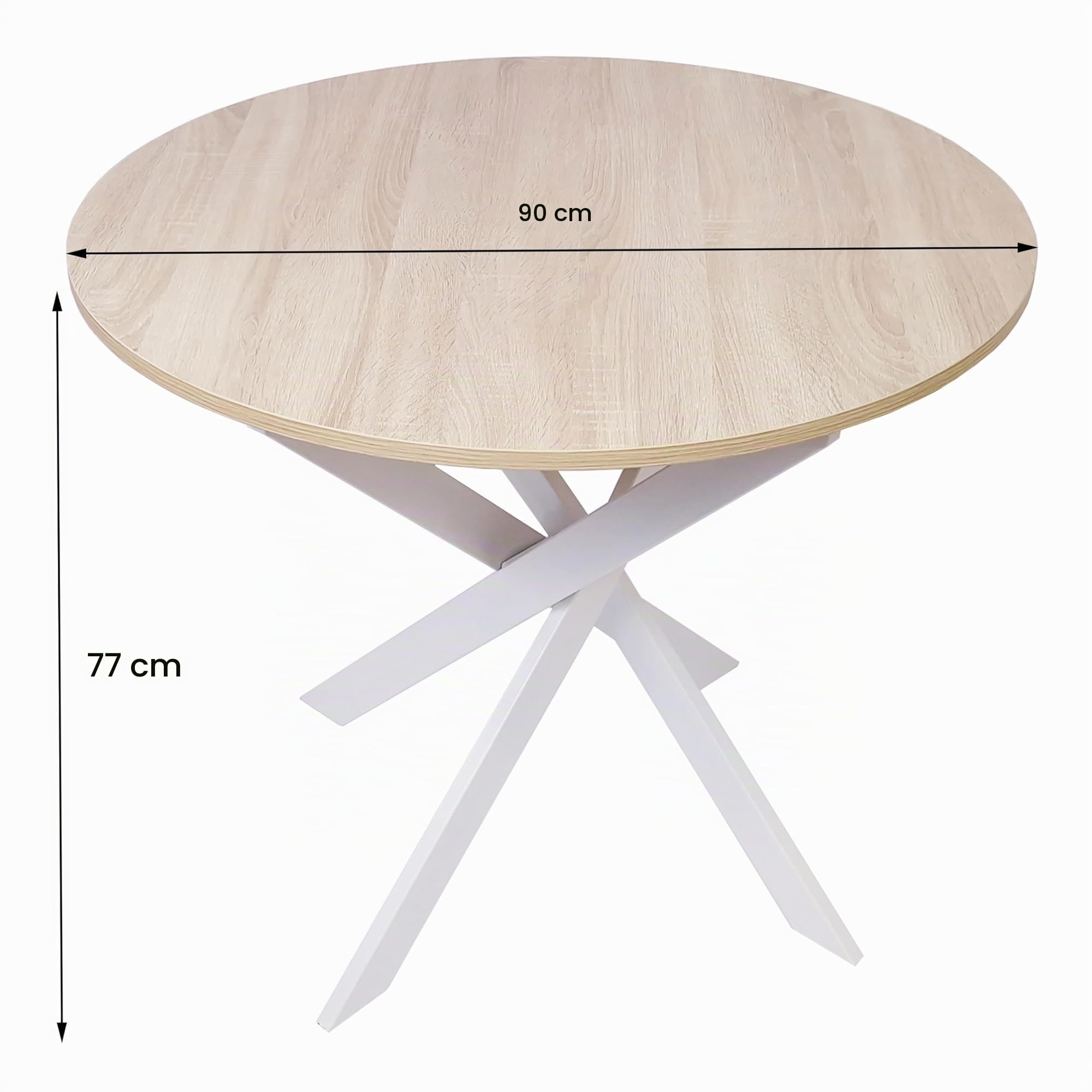 Skraut Home | Table à Manger Ronde Fixe | Modèle Zen | 90 x 90 x 77 cm | Capacité jusqu'à 4 Personnes | Matériaux résistants (Chêne + Pieds Blancs, 90cm)