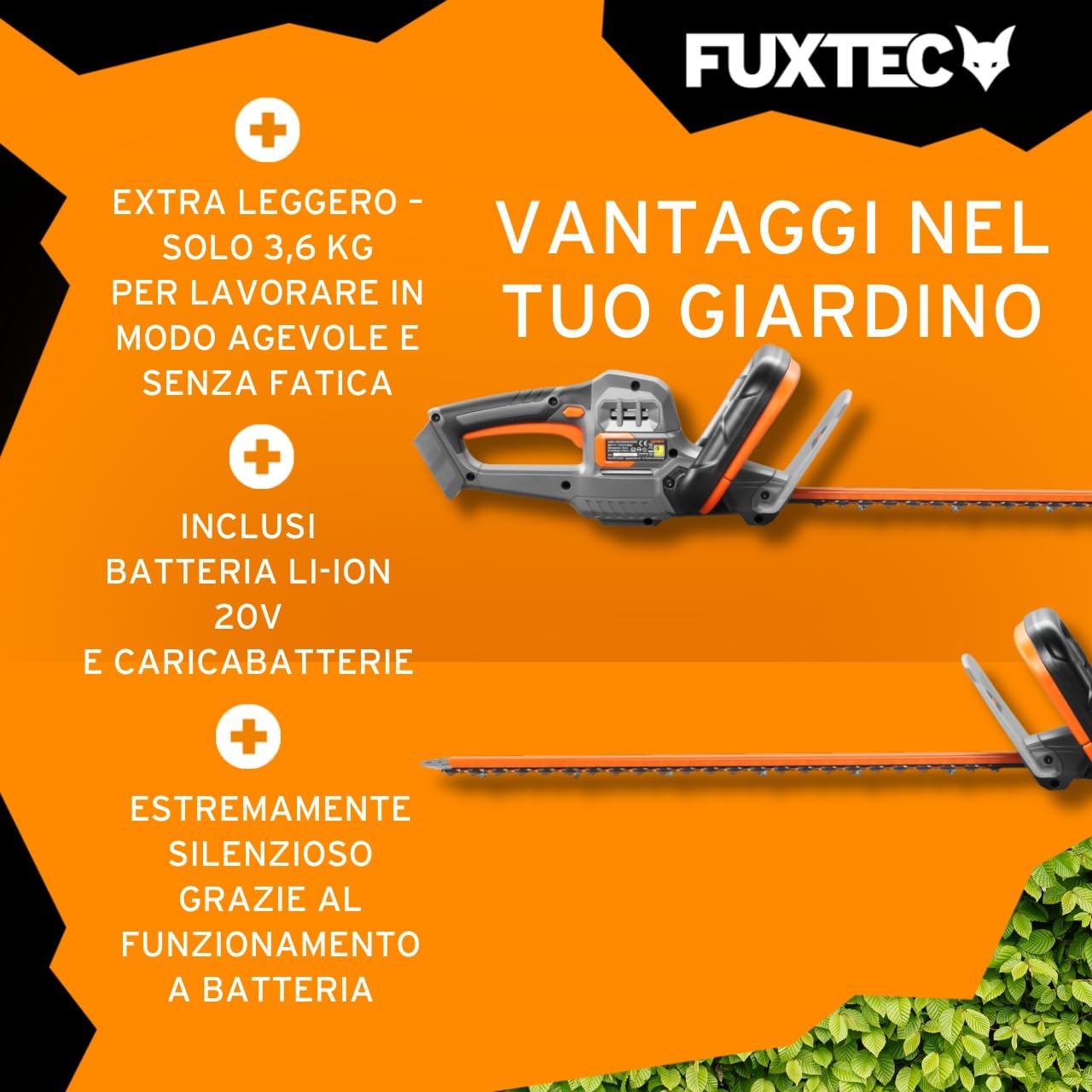 Fuxtec Tagliasiepi a Batteria 20V FX-E1HS20 - Kit incl. Batteria e Caricabatterie -Lunghezza di Taglio di 520mm per Rami Fino a 15mm di Diametro- Una Batteria per Tutti i dispositivi a 20V.