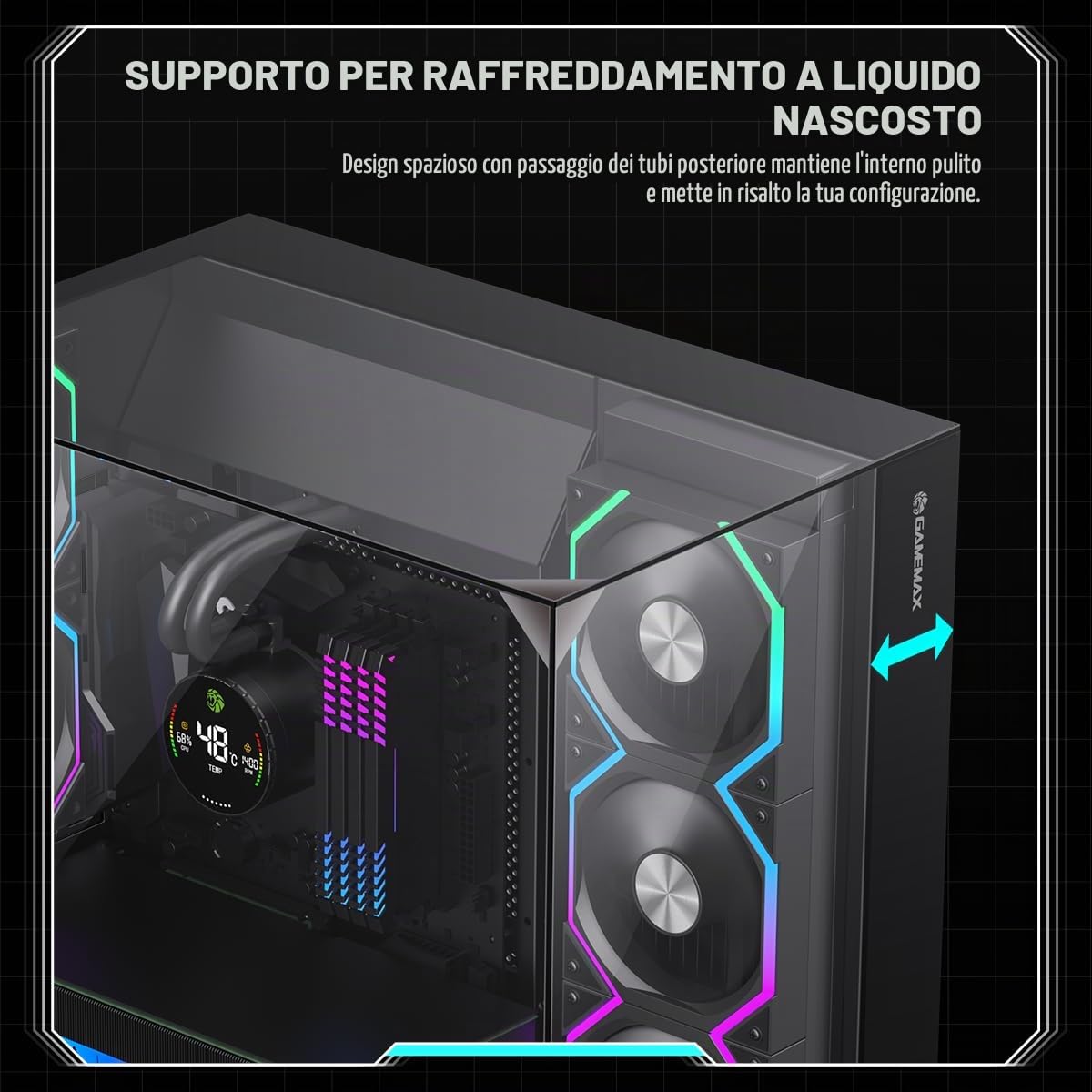 GAMEMAX Infinity PRO BK Case per PC ATX Midi Tower, vetro panoramico a 3 lati, ventola PWM 5X ARGB preinstallata, USB-C & Aura Sync, scheda madre BTF, raffreddamento ad acqua fino a 360 mm, nero