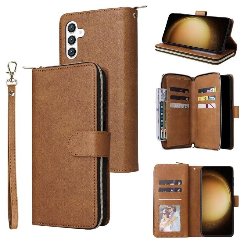 Étui cuir Samsung S23 FE marron haut de gamme avec portefeuille magnétique intégré