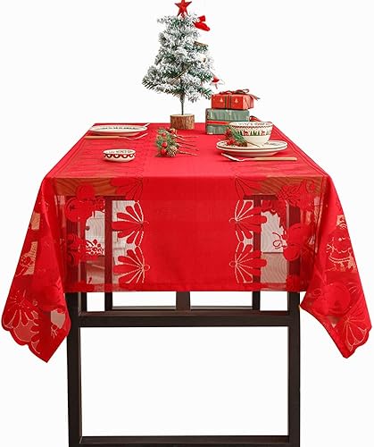 ABANO Red Christmas Tablecloths, Hollow Lace Tablecloth Rectangular Table Cover Polyester Washable Table Cloth Decorations for Merry Christmas Party