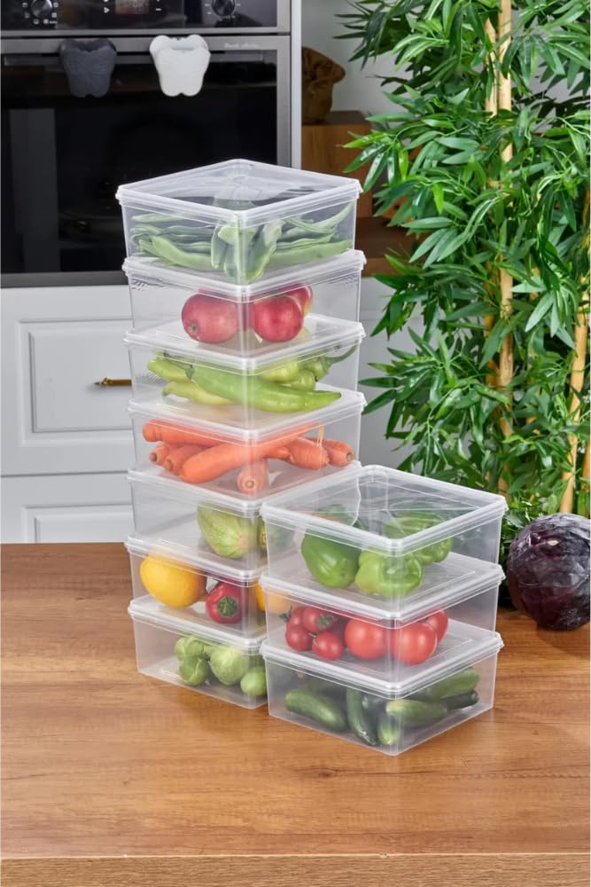 Arel - 10'lu Set Saklama Kabı, 10 Adet 2500ml Kare Şeffaf Kendinden Kapaklı Saklama Kabı, BPA İçermez, Buzdolabı, Dondurucu ve Dolap Organizeri
