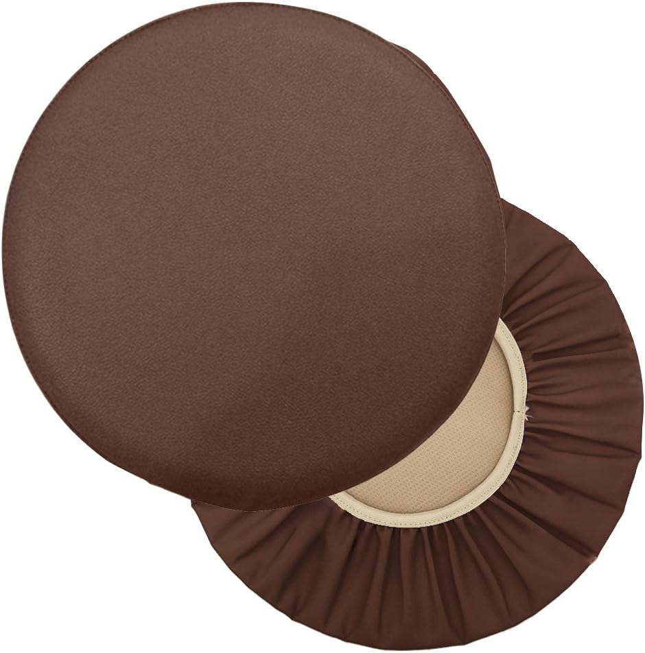 Sigmat 2 Pack Waterproof PU Bar Stool Cover Anti-Slip Round Seat Cover 15.5 Inch Coffee