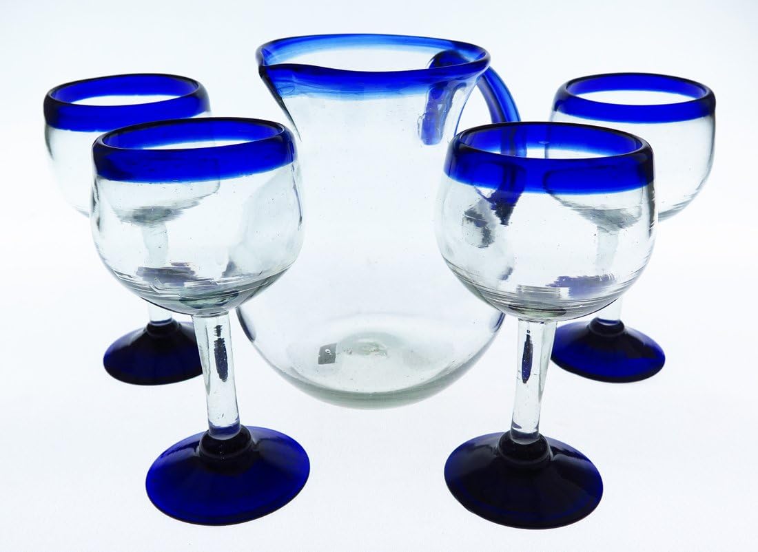 Mexican Hand Blown Wine Glasses & Pitcher Set, Blue Rim