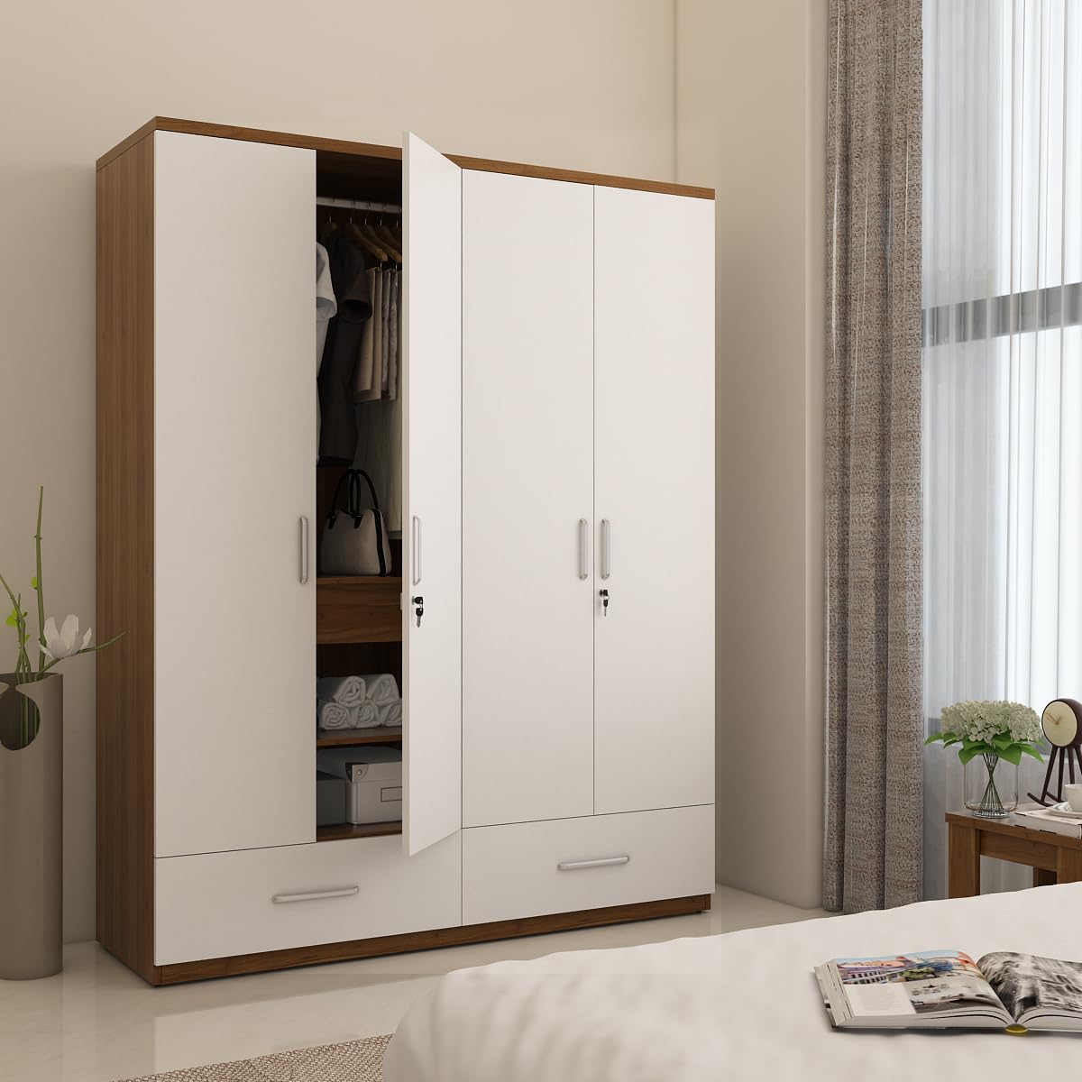 Spacewood Apex Wardrobe | 3 Year Warranty | Almirah, Cupboard, Almari, 4 Door Wardrobe, 3 Drawer (1 Lock Drawer) and 2 Hanging Space & 1 Internal Locker |Engineered Wood| Frosty White-image-18
