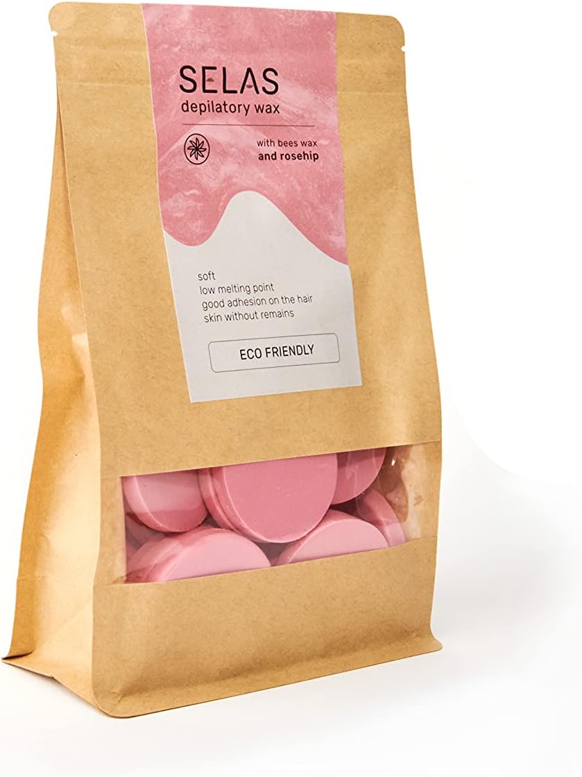 Cera depilatoria de fácil fusión Rosa 500g SELAS. Depilación sin bandas, con cera de Abejas y aceite de Rosa Mosqueta, para todas las zonas y tipos de pieles, especialmente las sensibles.