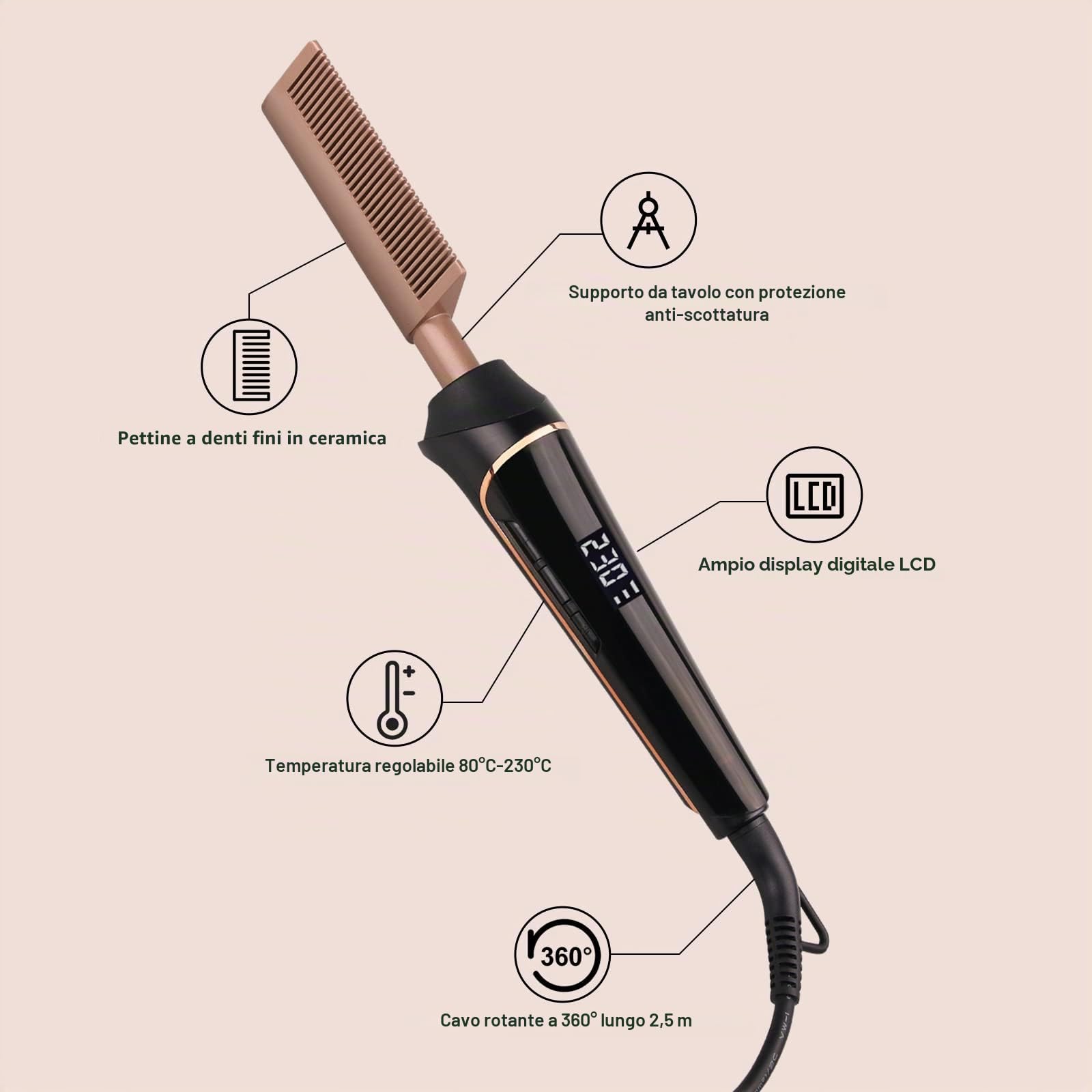 janelove Pettine lisciante in ceramica, 80 ℃-230 ℃ Hot Comb per capelli afro/pizzo wigs/barba, pettine per capelli in ceramica con display LCD HD, riscaldamento rapido