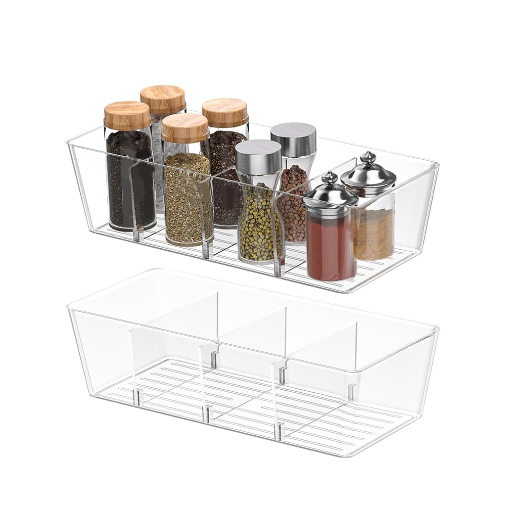 CTRLZS Pantry Organizers and Storage Bins,Plastic Clear Storage Bins with 3 Removable Dividers, Fridge Organizers