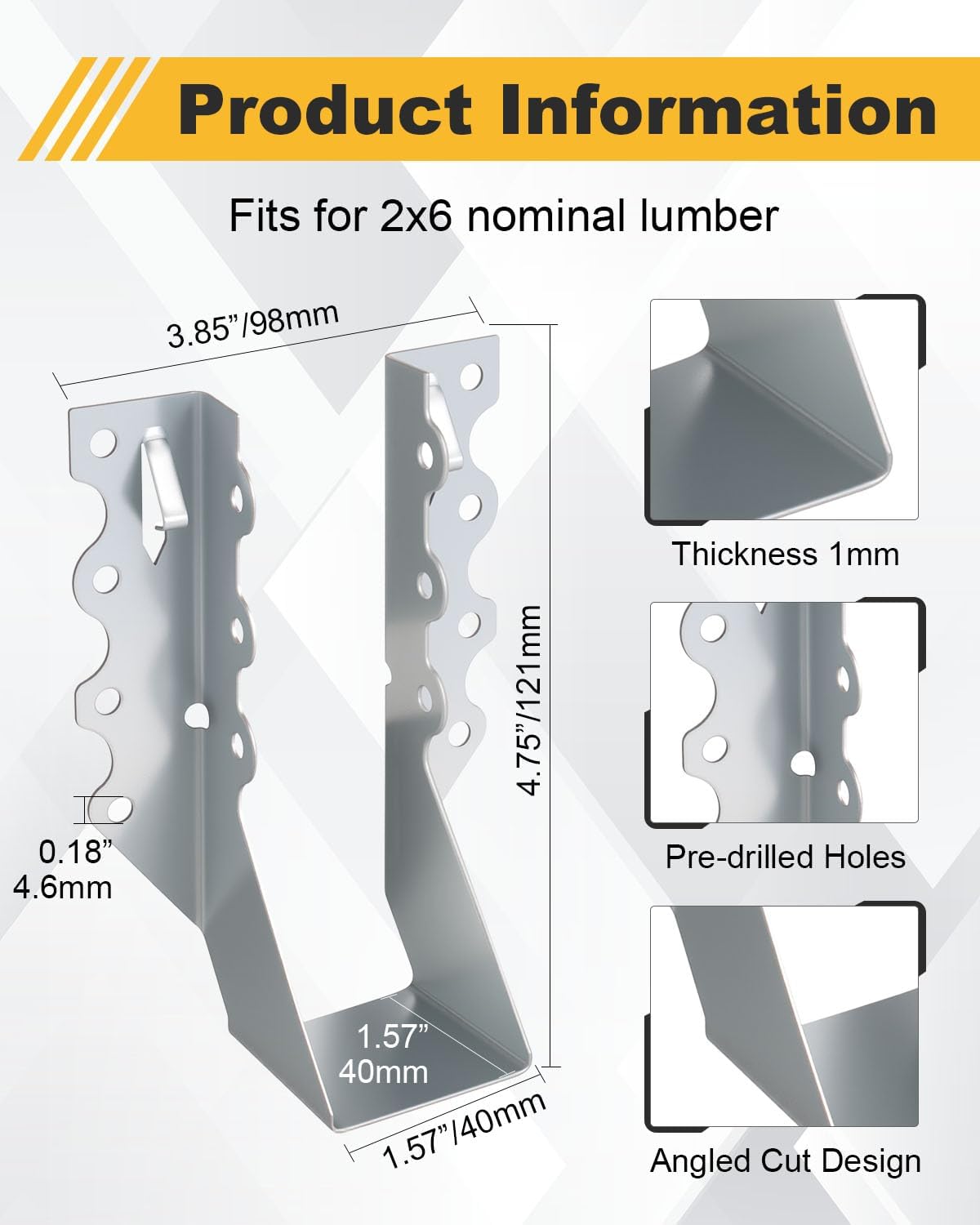 50 Pcs 2x6 Joist Hangers for Wood, 20 Gauge Galvanized Face Mount Joist Hangers, Heavy Duty Hurricane Ties for Rafters Roofs Decks Floors Ceilings