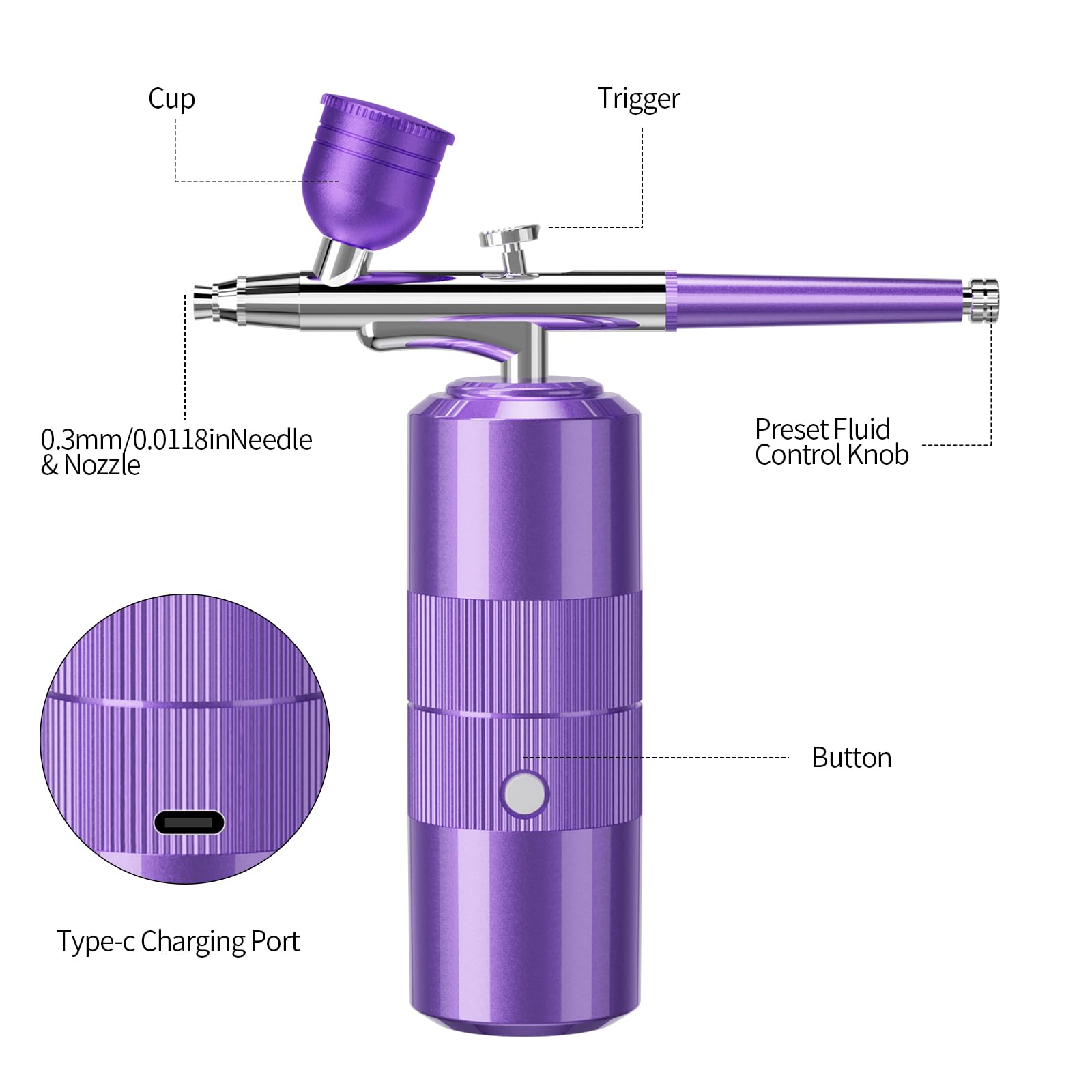 Kit de aerógrafo con compresor, kit de aerógrafo portátil de 48 PSI, juego de cepillo de aire de alta presión sin obstrucción, inalámbrico recargable con boquilla de 0.3 mm y cepillo de limpieza para