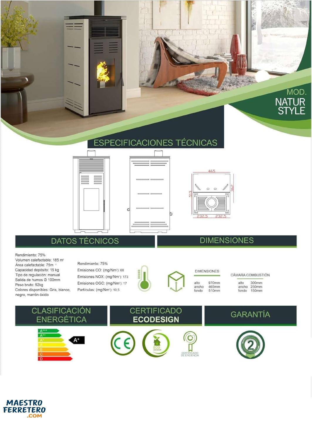 Poêle à granulés sans électricité modèle Natur Style 8 kW. Fonctionne sans connexion électrique. Couleur blanche