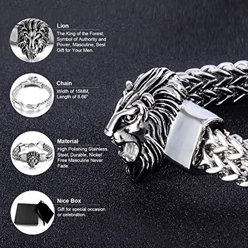 Mens Bracelet Stainless Steel Heavy 12mm Double Franco Chain Lion Head Bracelet Jewelry Men Biker…2