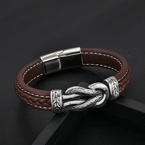 Miniatura 2 de Pulsera de cuero con nudo infinito para hombre, acero inoxidable, negromarrón, cuero genuino, trenzada, pulsera de joyería para hombres, padre,