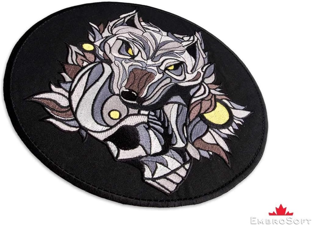 Wolf with Skull Embroidered Patch Iron On (9.1" x 9.1")