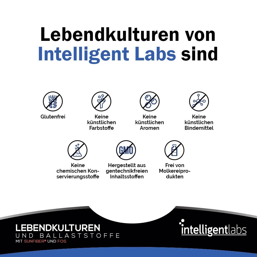 Intelligent Labs 50 Milliarden KBE Probiotikum mit Präbiotika, keine Kühlung erforderlich, mit Sunfiber und FOS für 10x mehr Effektivität, Vorrat für 60 Tage