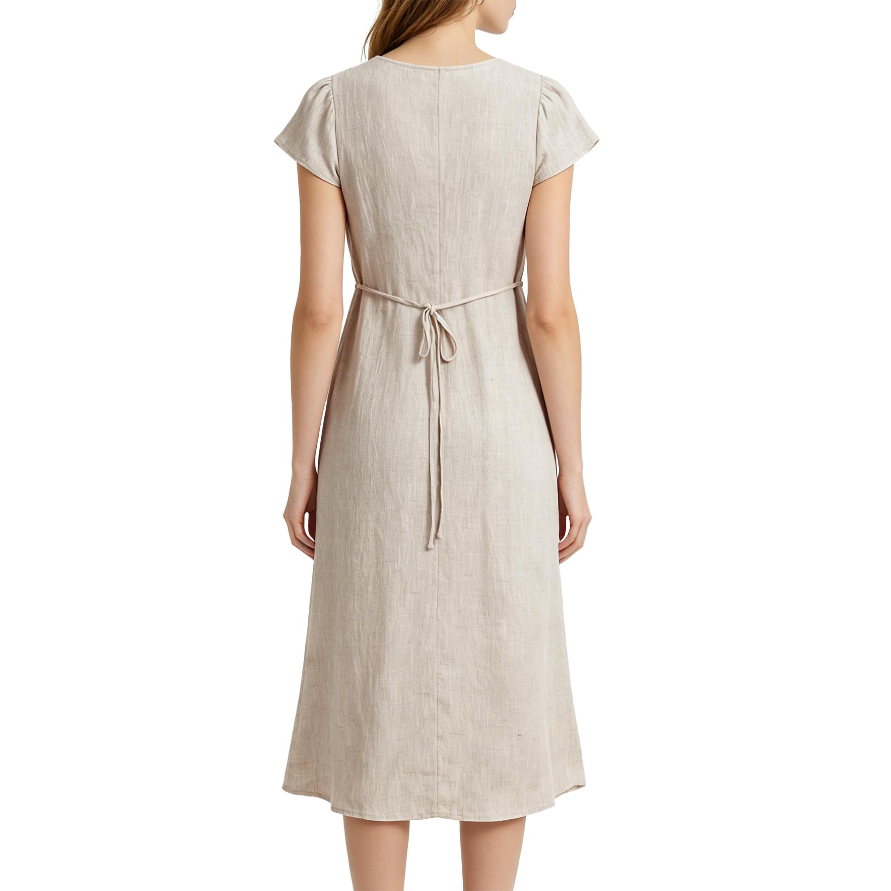 Amazhiyu Vestido de lino para mujer, de lino, de verano, manga corta, cuello de pico, vestido maxi, vestido de verano, vestido maxi, vestido de playa, vestido largo para el tiempo libre, con cinturón