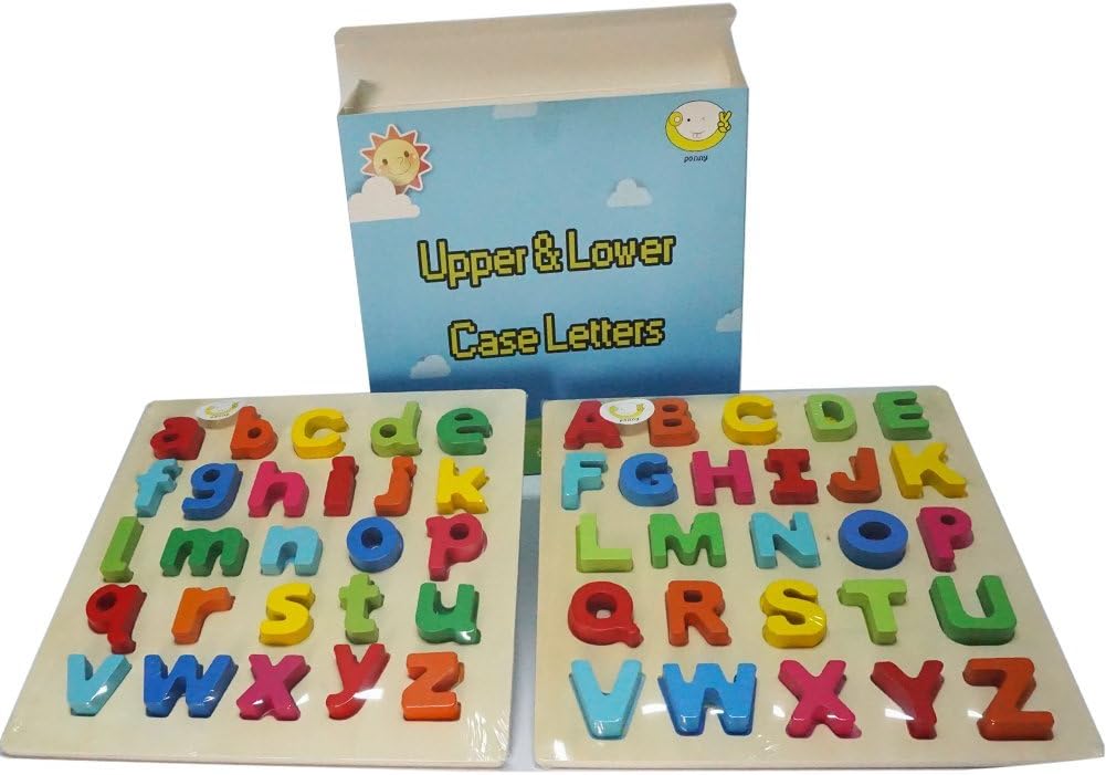 Ponny 2pcs Board Games Chunky Preschool Jigsaw Puzzle Uppercase & Lowercase Alphabet Puzzle Wooden Letters ABC Learning Toys for Kids