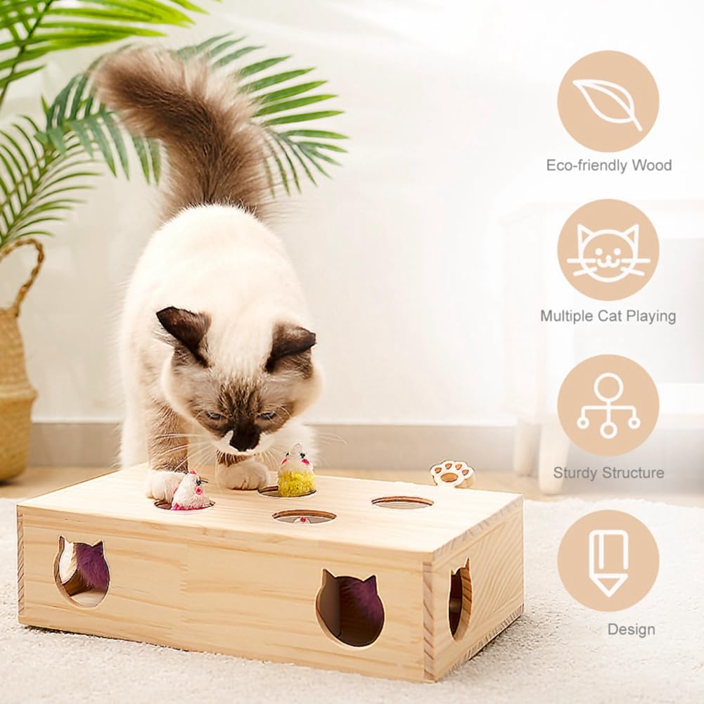 Cat Toys Interactive Whack-A-Mole Solid Wood Toy for Indoor Cats Kitten Catch Mice Game