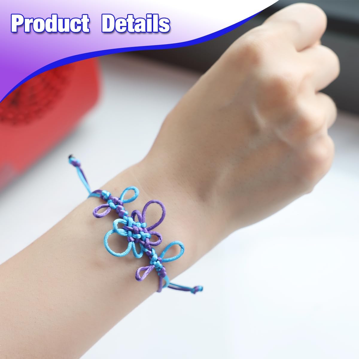 Handmade Flower Knot Bracelet Adjustable Friendship Bracelet with Blue & Purple Thread for Women - Image 2