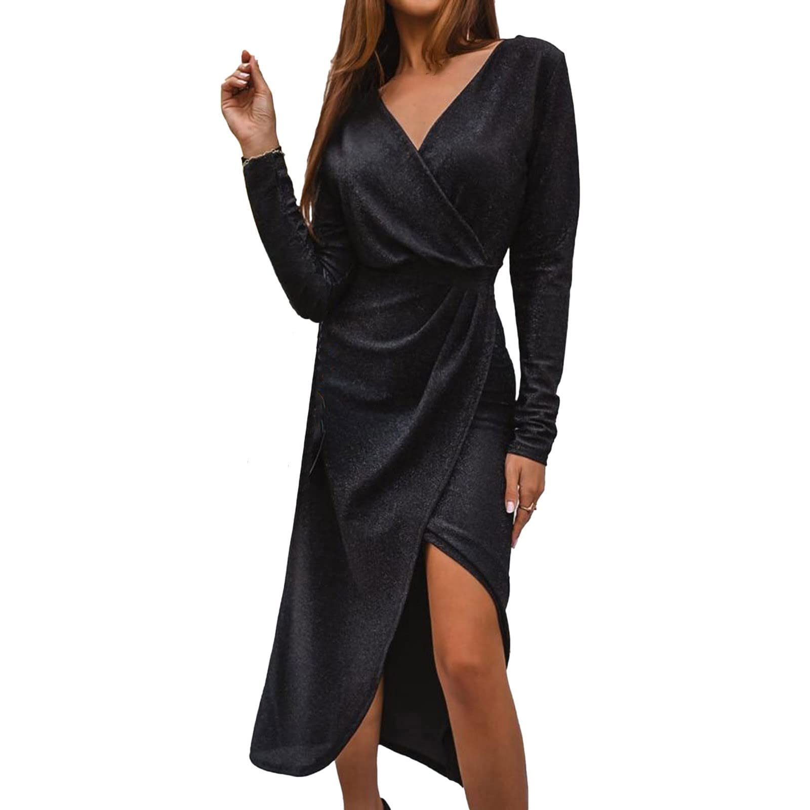 Women's Elegant Velvet Long Sleeve Wrap V Neck Ruched Cocktail Party Maxi  Juniors Summer Dresses