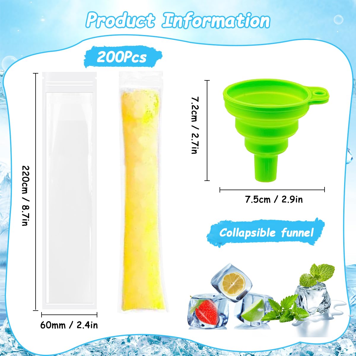 Pack of 200 Popsicle Bags, Ice Pop Bags, Popsicle Moulds Bags with Funnel, Water Ice Bags, Pop Mould Bags with Zip, DIY Ice Moulds for Yogurt, Snack or Freeze Pops