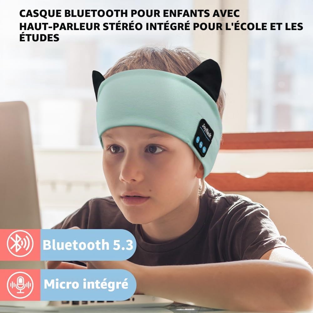 Joythink Casque Bluetooth Enfant pour Dormir, Bandeau Écouteurs Doux avec Masque de Sommeil, Haut-Parleurs Fins Intégrés, Sans Fil, Idéal Voyage Avion, Sieste, Musique,Aqua