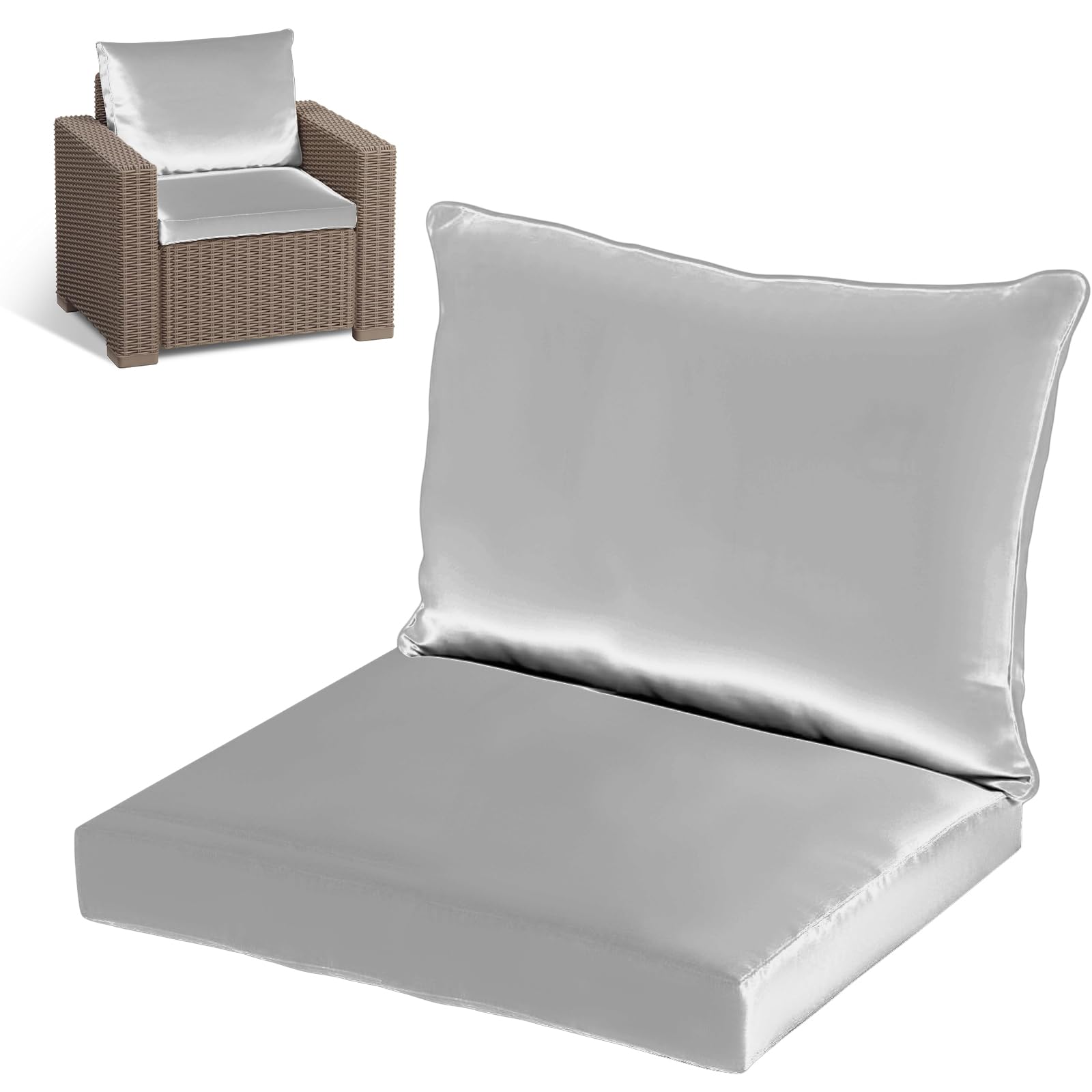 KISAA Living Replacement Rattan Cushion Seat Pads, 2-Piece Armchair Set (1 Seat Pad, 1 Back Cushion), Water Resistant Outdoor Patio Garden Furniture Seating (Silver, For Armchair) — image 1