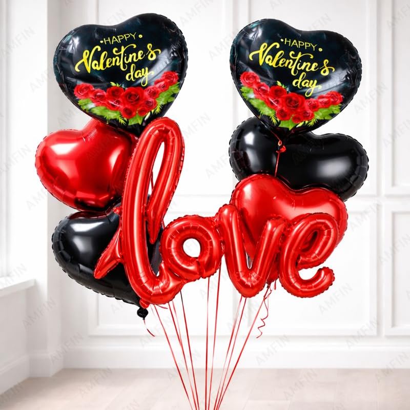 Image of AMFIN (Pack of 7) Happy Valentine's Day Foil Balloon Bouquet Love Cursive Heart Romantic Decoration Item - Red Black