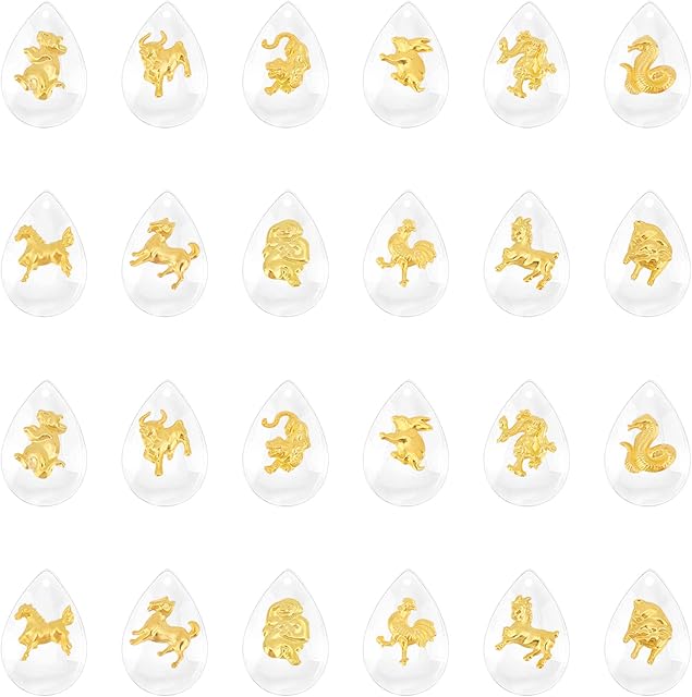 PandaHall 48Pcs 12 Style Zodiac Charms Set Teardrop Chinese Zodiac Signs Pendants Golden Constellation Glass Charms Lucky Animal Crafts Pendant for DIY Necklace Bracelet Keychain Jewellery Making