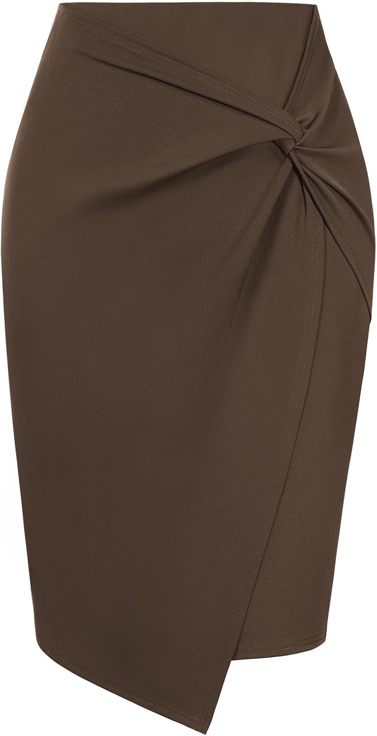 Kate Kasin Wear to Work Pencil Skirts for Women Elastic High Waist Wrap Front Knee Length Bodycon Skirt Tummy Control