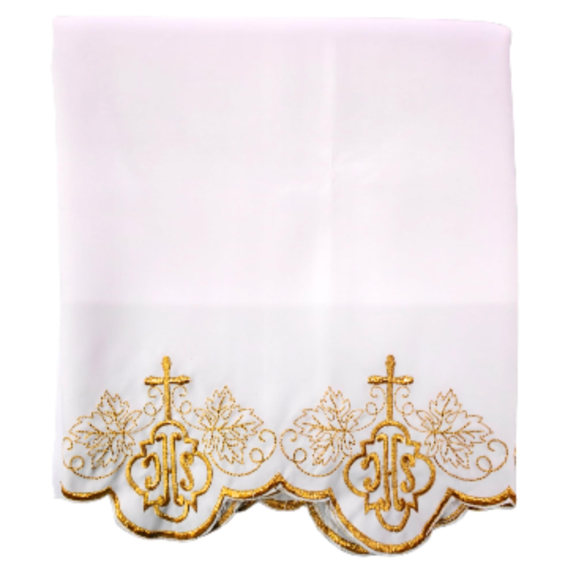Needle Point 2.5 Meter Altar Linen Cloth for Christian Church, Vine Leaf and IHS Embroidery, Gold Decorative Scalloped Border, Communion Table Cover, Sanctuary Worship Decoration Fabric-image-40