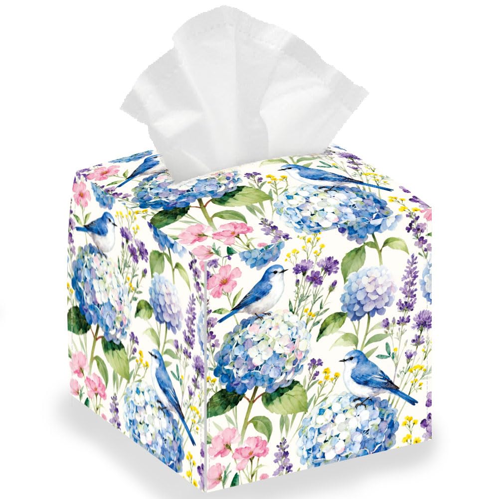 DELORIGIN Hydrangea Wildflower Bird Tissue Box Holder, Leather Square Tissue Box Cover Waterproof Paper Towel Storage Cover Container Organizer for Bedroom Living Dining Room Office Car 13 * 13 * 13cm