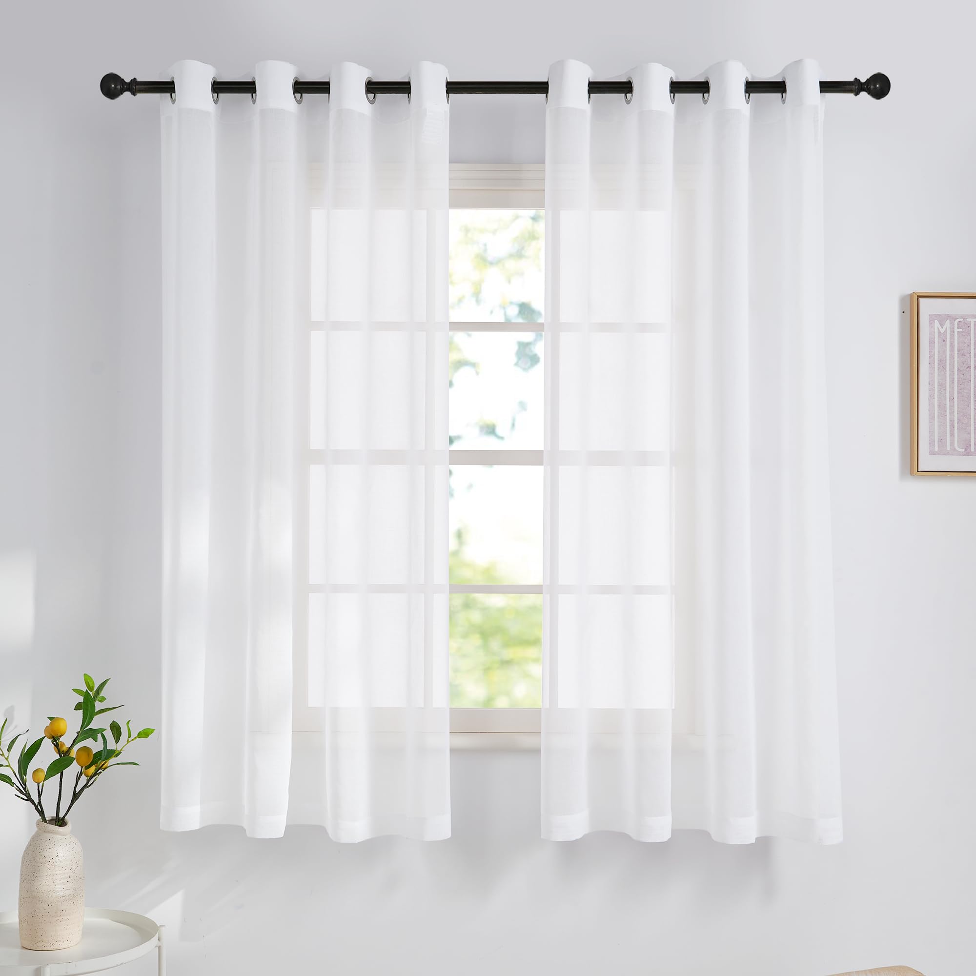 NICETOWN White Transparent Voile Curtains, Short Curtains with Eyelets, H 160 x W 140 cm, Linen Look Eyelet Curtain, Set of 2 for Bedroom